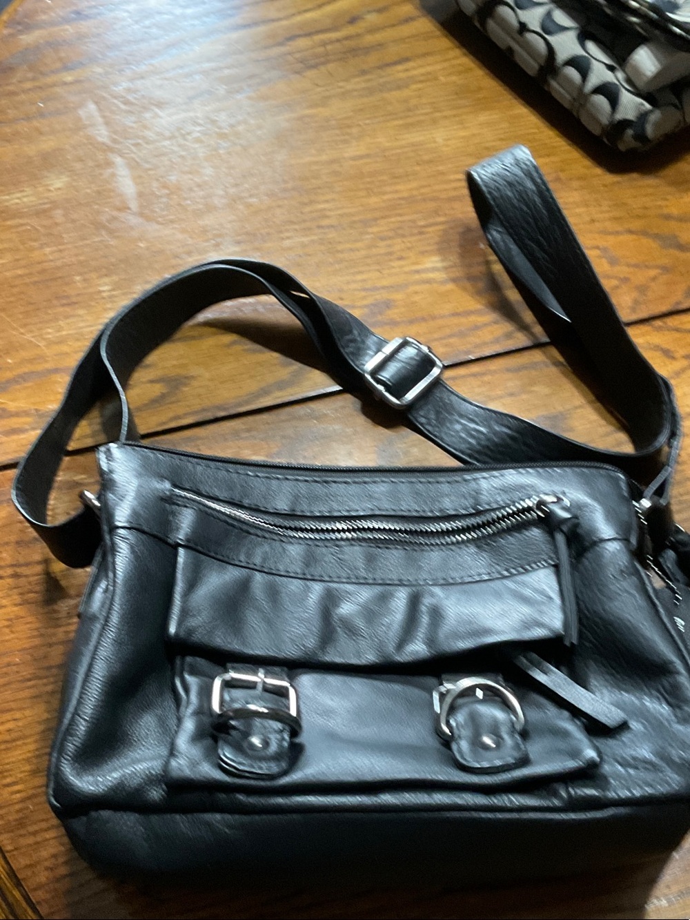 Black Leather Shoulder Bag with Front Buckle Accents